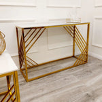 Load image into Gallery viewer, Azure Gold Console Table with Polar White Sintered Top
