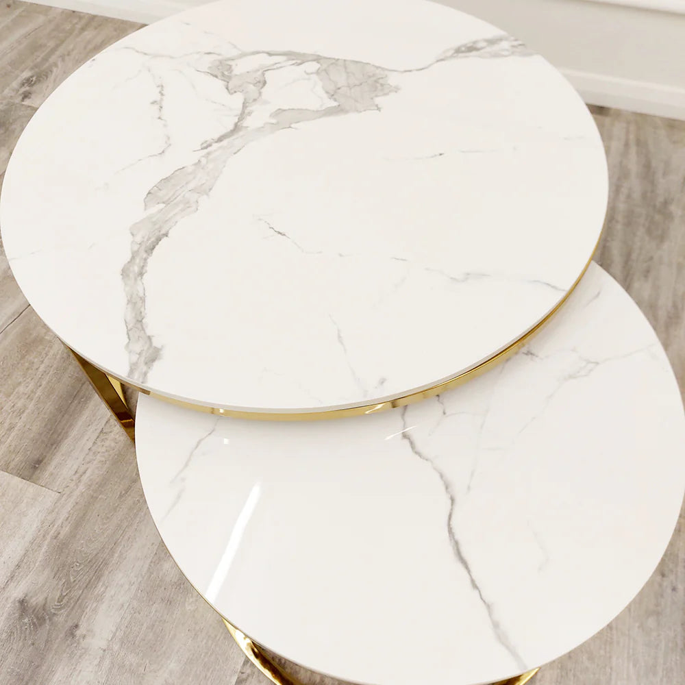 Cato Nest of 2 Short Round Coffee Gold Tables with Polar White Sintered Stone Tops