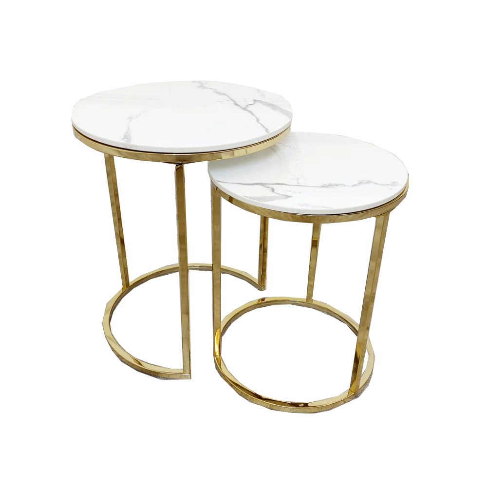 Cato Nest of 2 Tall Gold End Tables with Polar White Sintered Stone Tops