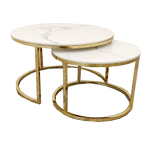 Load image into Gallery viewer, Cato Nest of 2 Short Round Coffee Gold Tables with Polar White Sintered Stone Tops
