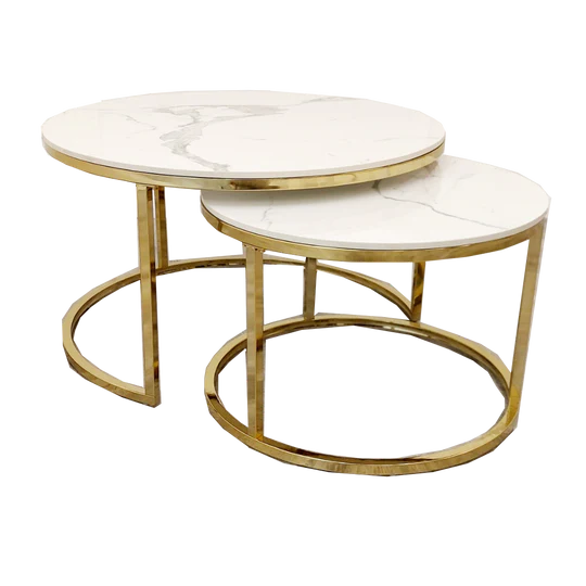 Cato Nest of 2 Short Round Coffee Gold Tables with Polar White Sintered Stone Tops