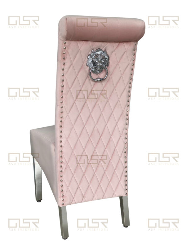 Sofia Pink Colour Chrome Leg Lion Knocker Dining Chair