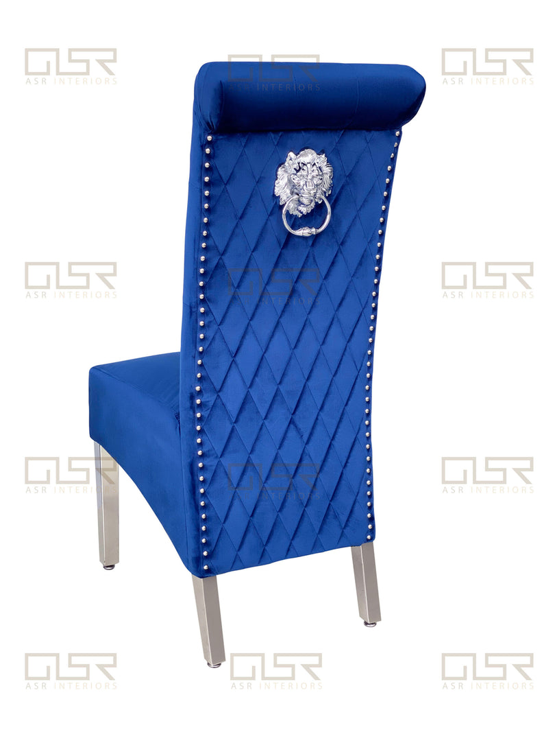 Sofia Navy Colour Chrome Leg Lion Knocker Dining Chair