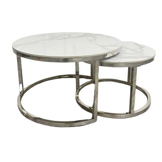 Cato Nest of 2 Short Round Coffee Silver Tables with Polar White Sintered Stone Tops